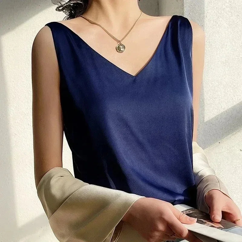 Tank Tops for Women Sleeveless V Neck Satin Silk Camisole 2025 Fashion Summer Solid Loose Vest Ladies Tops Streetwear