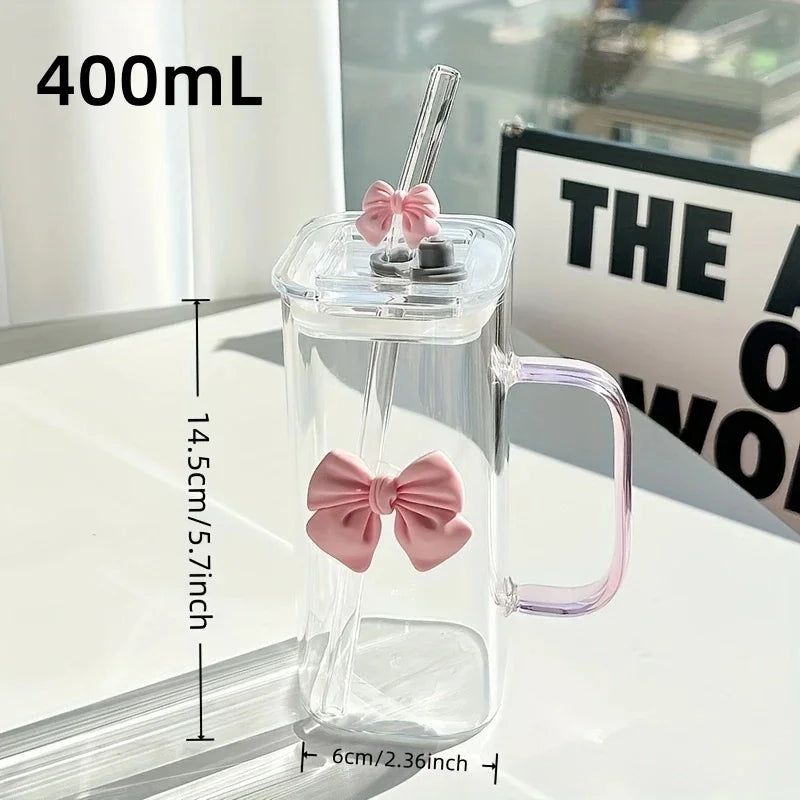 400mL Elegant Butterfly-Decorated Glass Tumbler with Straw & Handle - Reusable Freezer-Safe Water Cup for Coffee Juice Milk