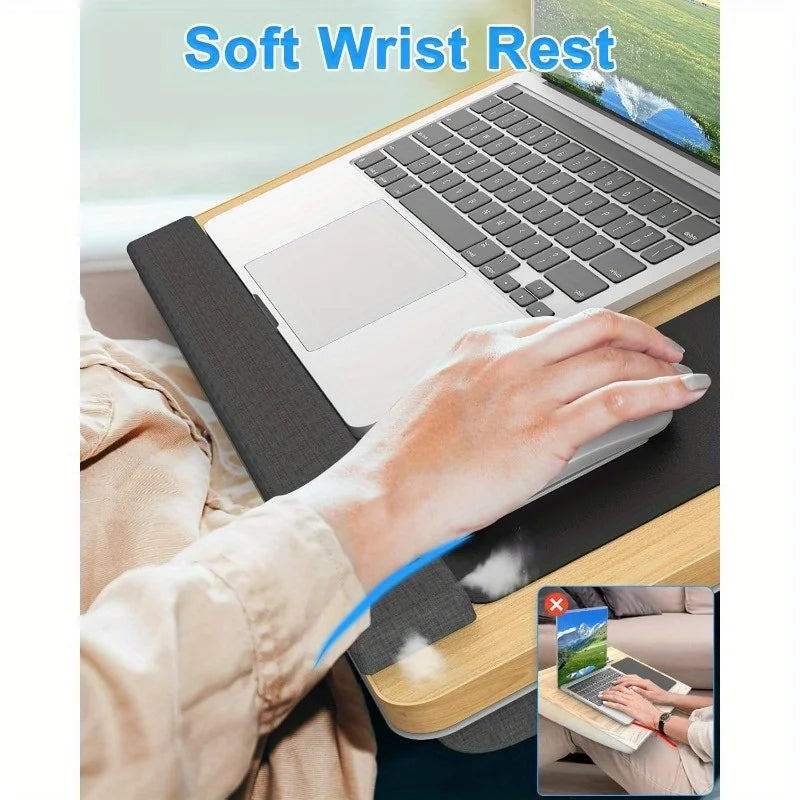 Laptop table with mouse pad, slots for tablet and phone, portable handle, suitable for outdoor and in - car use as a desk