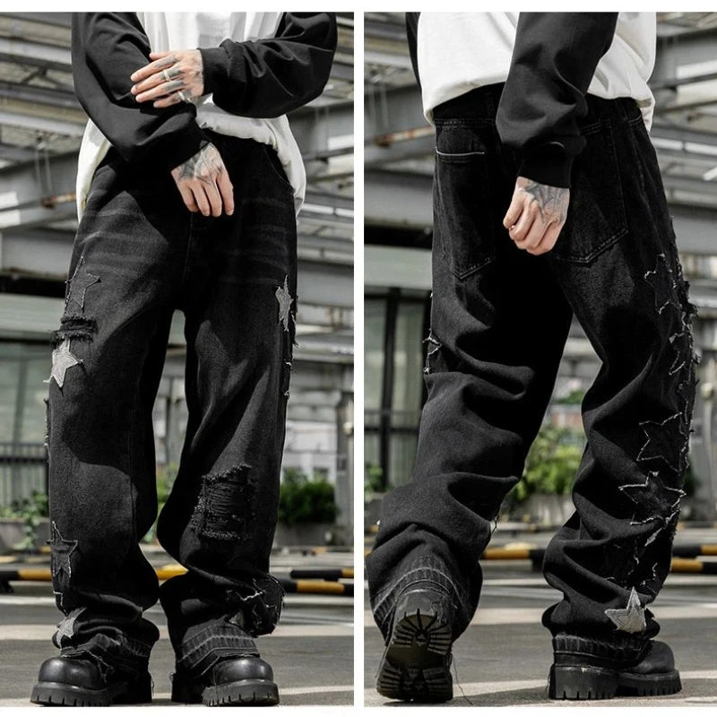 Jeans For Man Y2k Jeans New Trend Loose Straight Leg Wide Leg Pants Star Embroidery Craft Fashion Casual