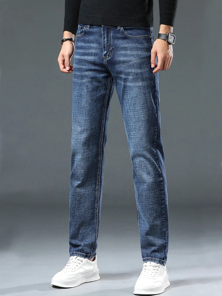 Jeans Pants Man Casual Long Straight Denim Pants Four Seasons Classic Originals Jeans Korean Solid Blue Grey Black Trousers