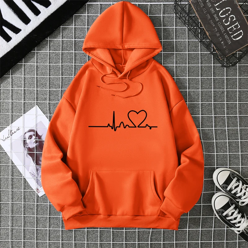 Women Hoodies Autumn Winter Heartbeat Print Men Simple Casual Hoodie Couple Sweatshirts Ladies Hooded Tops Streetwear Clothes