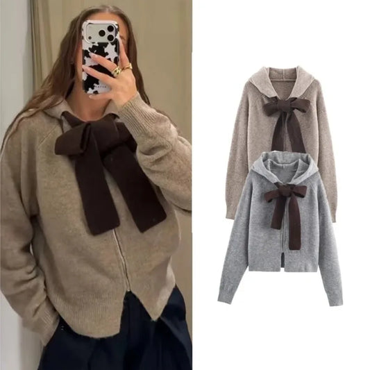 HipSeam Women Hoodie with Contrast Bow Detail Knitted Long Sleeve Ribbed Trims Women's Hoodies Lady Pullovers Female Outerwear