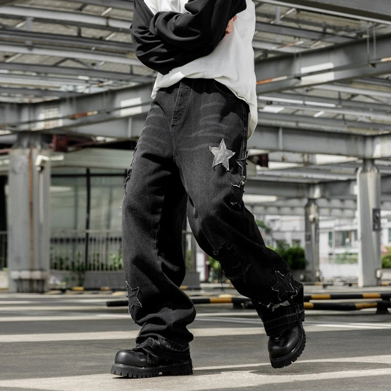 Jeans For Man Y2k Jeans New Trend Loose Straight Leg Wide Leg Pants Star Embroidery Craft Fashion Casual