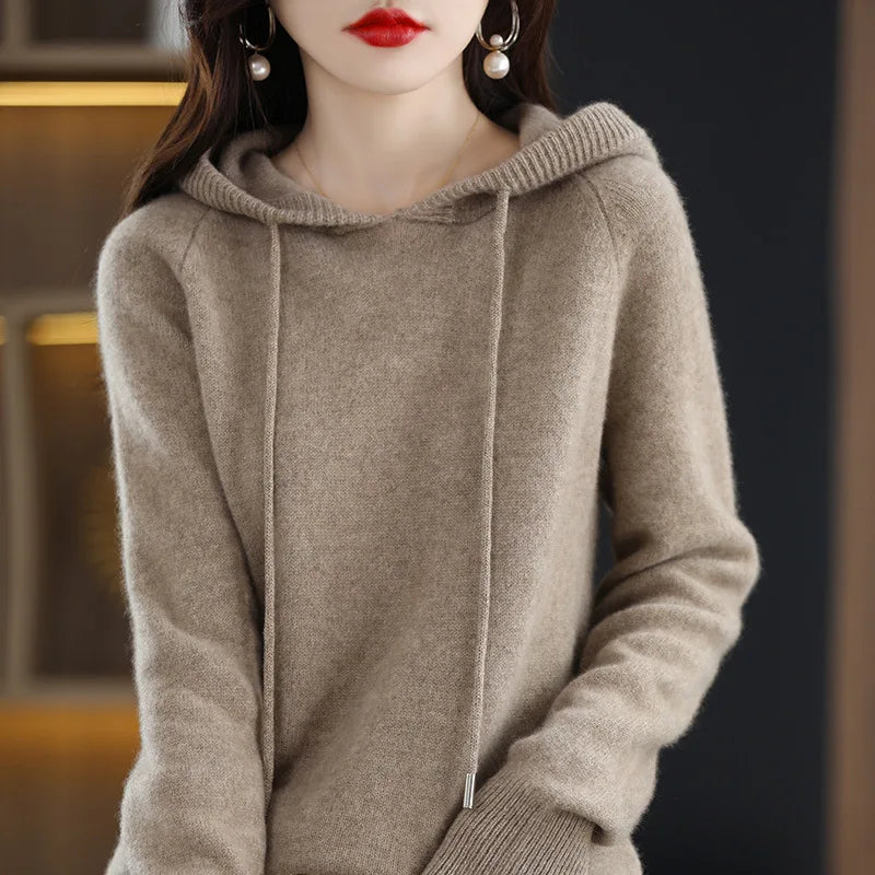 Hooded Sweater Fashion Women Autumn Winter Long Sleeve Solid Color Knitted Hoodies Lady Loose Drawstring Casual Pullover Hoodie