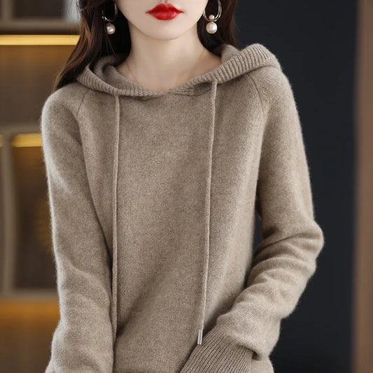 Hooded Sweater Fashion Women Autumn Winter Long Sleeve Solid Color Knitted Hoodies Lady Loose Drawstring Casual Pullover Hoodie