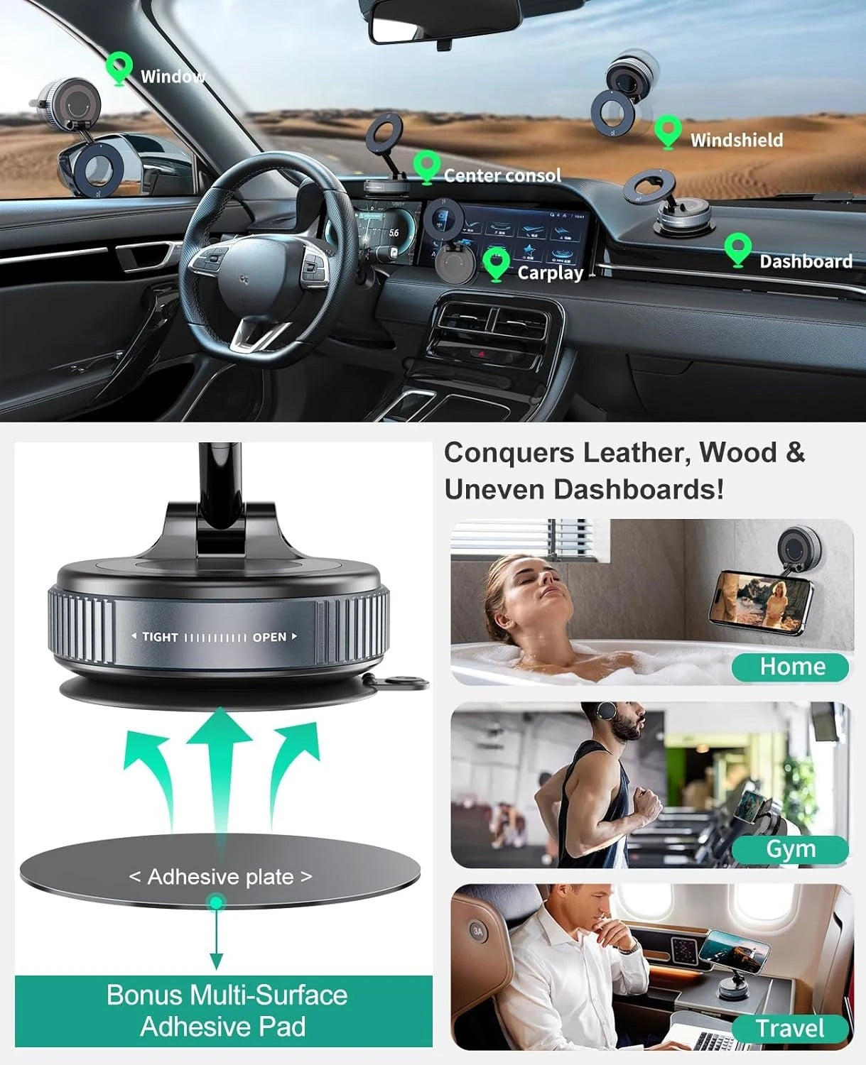 Vacuum Suction Magnetic Phone Holder for Magsafe 360° Adjustable Car Phone Mount & Retractable Vacuum Cell Phone Holders Phones
