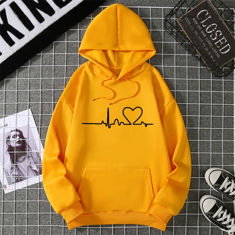 Women Hoodies Autumn Winter Heartbeat Print Men Simple Casual Hoodie Couple Sweatshirts Ladies Hooded Tops Streetwear Clothes