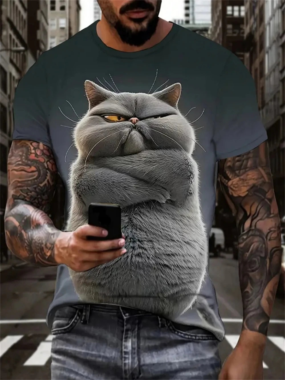 T-Shirts for Men Funny Cat Print Summer Casual O-Neck Short Sleeve Tee Tops Fashion Breathable Pullover Street Men's Clothing