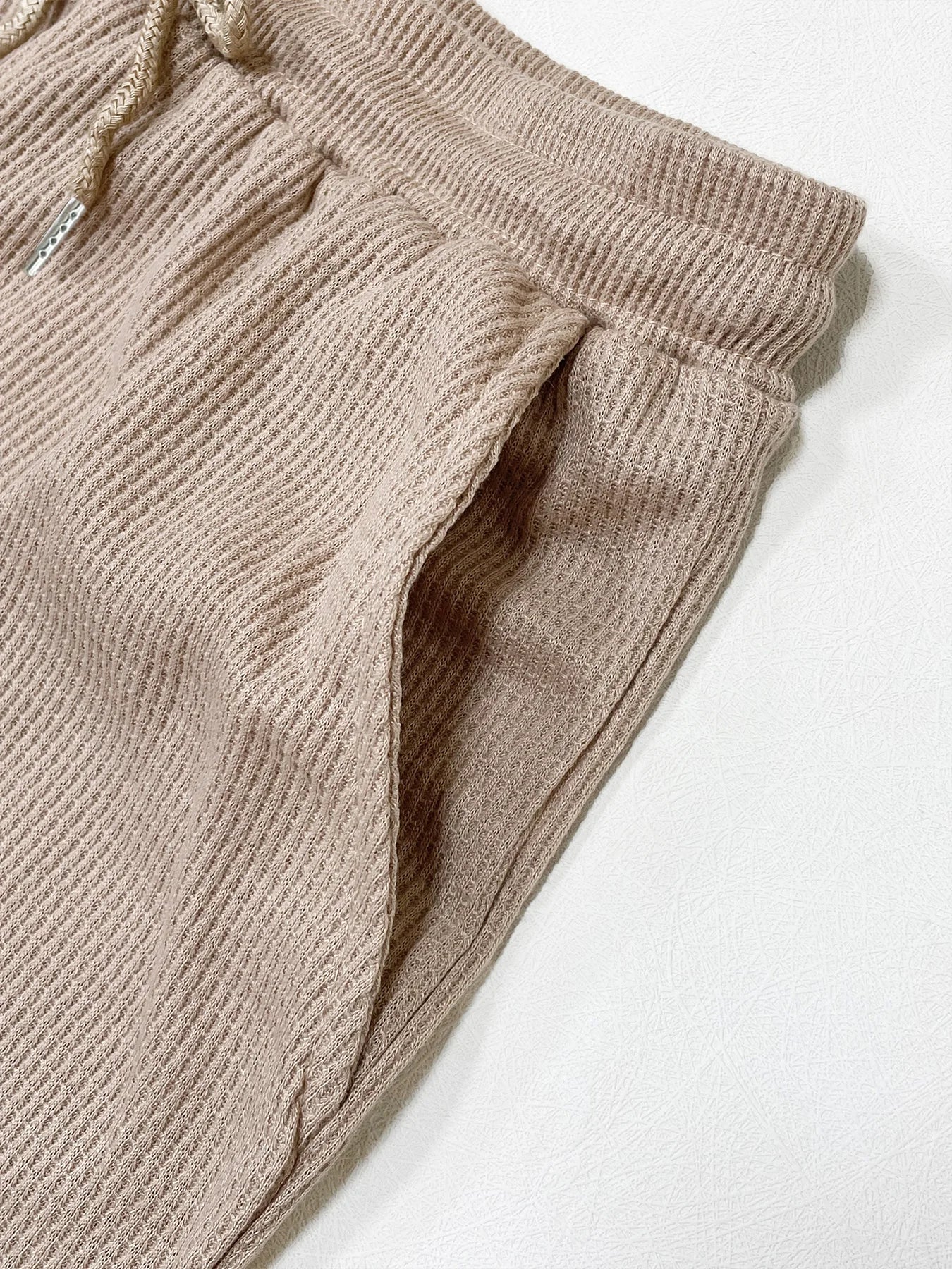 Women's Solid Waffle Textured Shorts Set, Co Ords for Women, Breathable O-Neck Crop Tank Top & Drawstring Shorts Two-piece Set