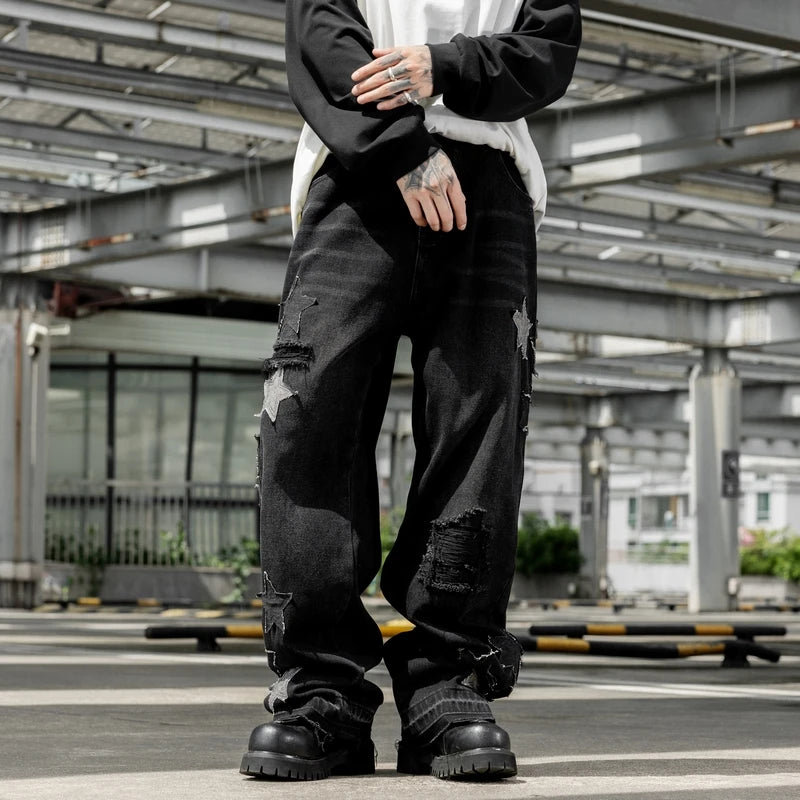 Jeans For Man Y2k Jeans New Trend Loose Straight Leg Wide Leg Pants Star Embroidery Craft Fashion Casual