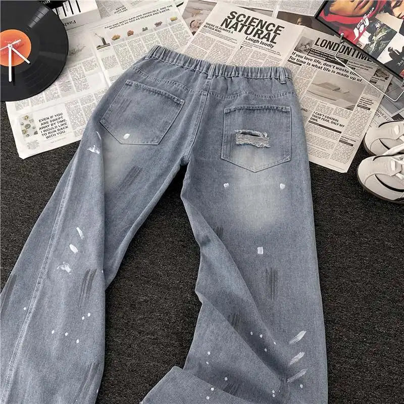 Jeans Men's Trendy Brand Washed Straight Pants High Street Graffiti Casual Ripped Pants S-3XL Size Men's Clothing