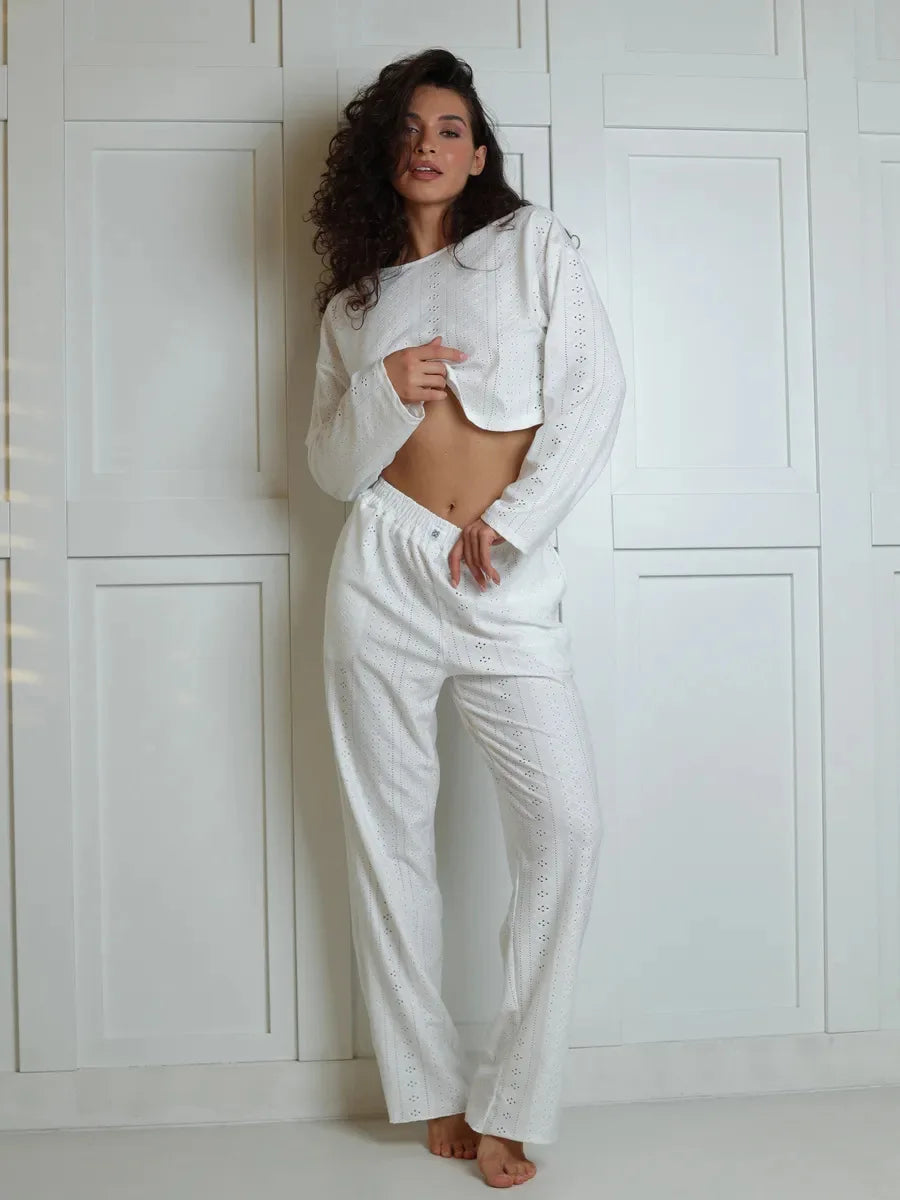 2025 Women's American Casual Wear Set - Fashionable, Simple, Loose-Fitting, Long-Sleeved, Long-Pants, Nightwear, Homewear Set