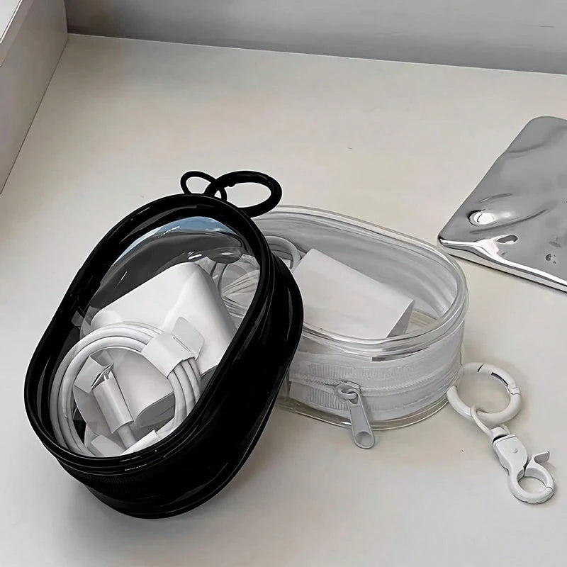 Portable Mini Transparent Storage Bag with Zipper, Multifunctional Headphone and Charger Case, Travel Accessories with Keychain