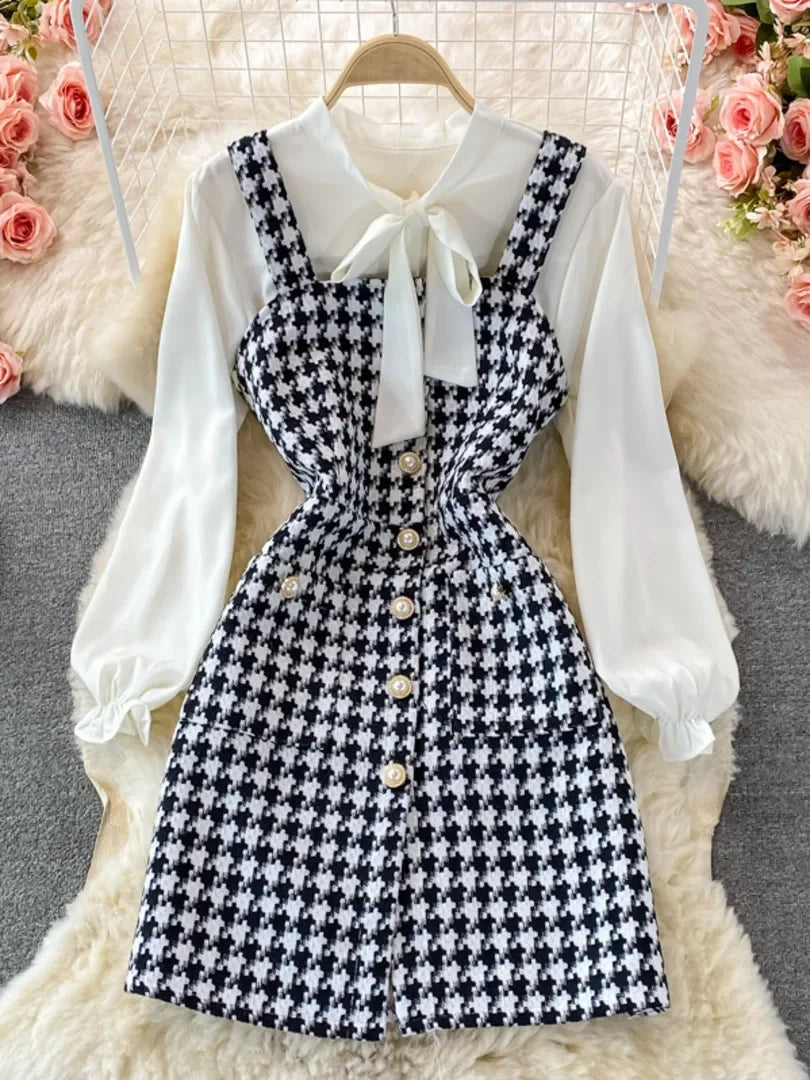 Women Two Piece Set 2025 Korean Fashion Bowtied Collar White Blouse and Spaghetti Strap Single Breasted Mini Tweed Dress Suits