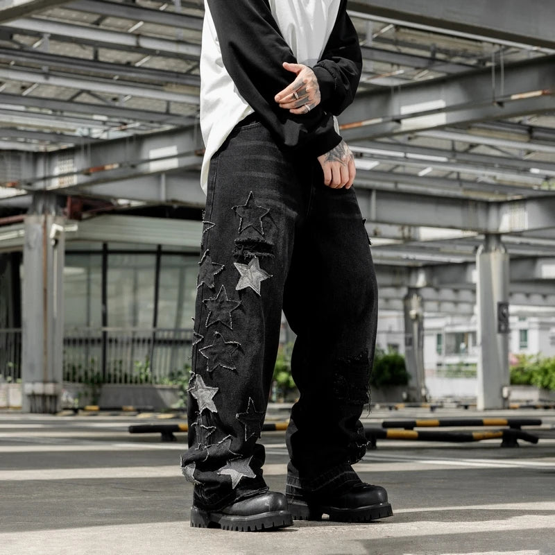Jeans For Man Y2k Jeans New Trend Loose Straight Leg Wide Leg Pants Star Embroidery Craft Fashion Casual