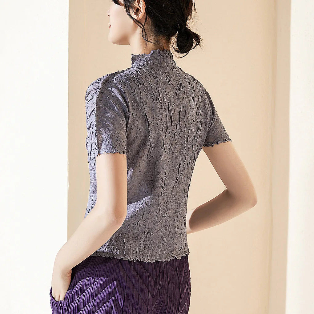 Basic short-sleeved tops for women in summer, slim fit, stand-up collar, black pleated T-shirt, 2025 new summer tops