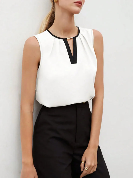Women's Tank Top Spring Summer White Black Contrast Trim V Neck Sleeveless Loose Elegant Office Daily Work Top