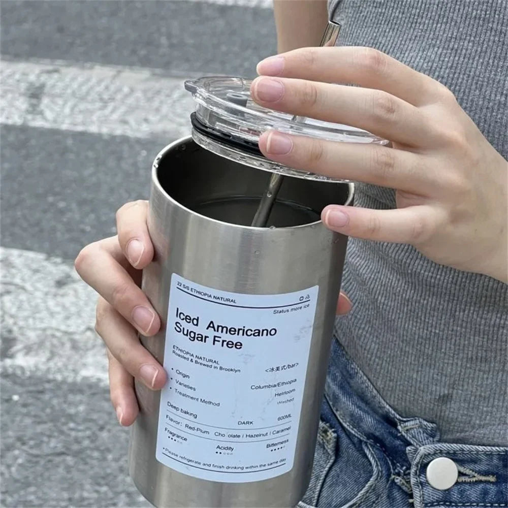Portable 600ml Thermos Cup 304 Stainless Steel Coffee Mug Thermal Leak-proof Water Bottle with Straw Insulated Bottle Drinkware