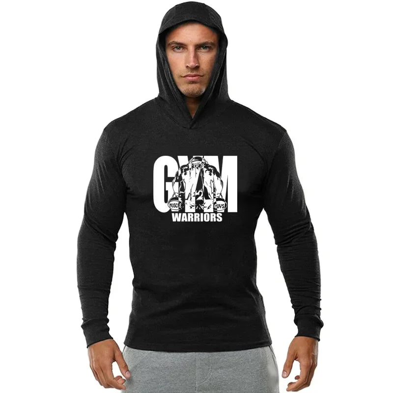 Men’s Running T-shirts Spring Autumn Bodybuilding Hoodies Cotton Breathable Fitness Workout Hooded Clothing Gym Sports Muscle