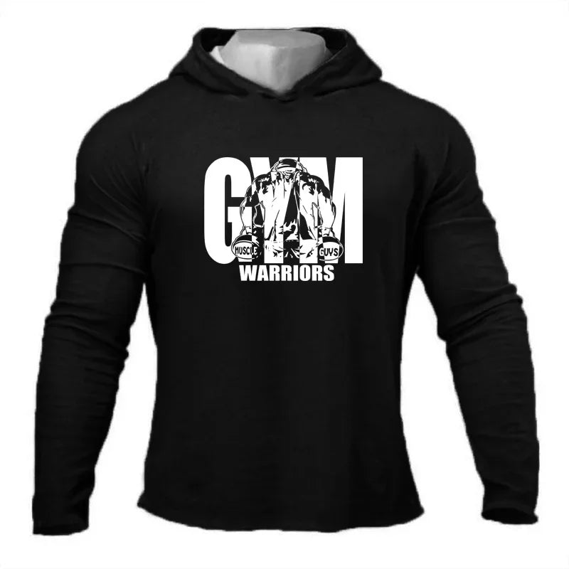 Men’s Running T-shirts Spring Autumn Bodybuilding Hoodies Cotton Breathable Fitness Workout Hooded Clothing Gym Sports Muscle