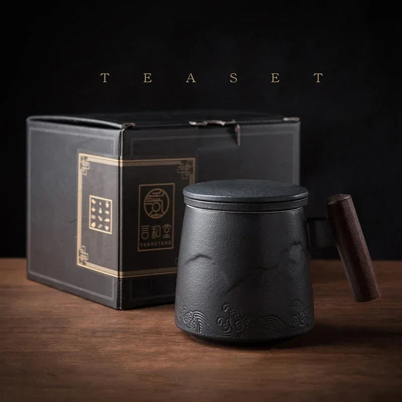 Creative Tea Cups and Mugs Ceramic Mug Thermal Coffee Cup Vintage Beer Water Cup Infuser Lid Wooden Handle Personalized Gifts