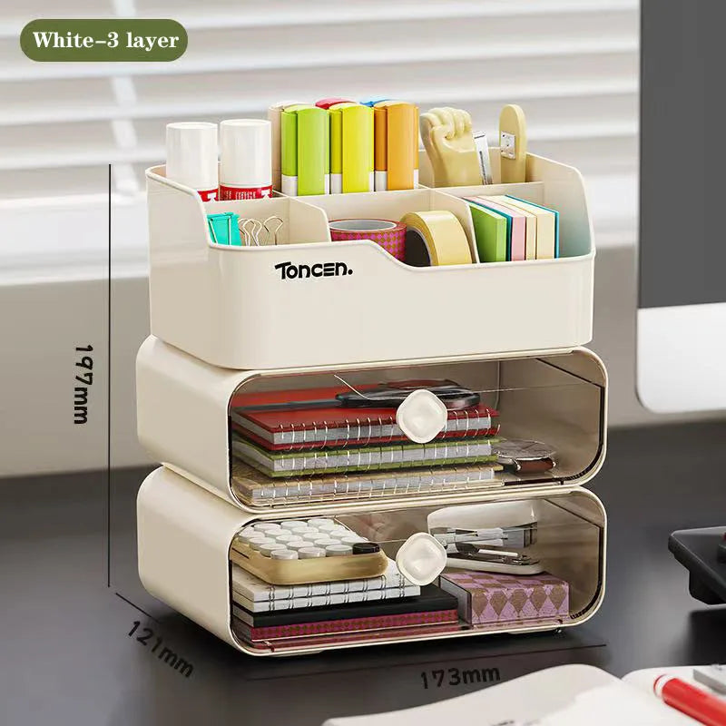 3 Layers Desk Organizer With Drawers Multifunctional Office Accessories Storage Box Stationery Desktop School Supplies