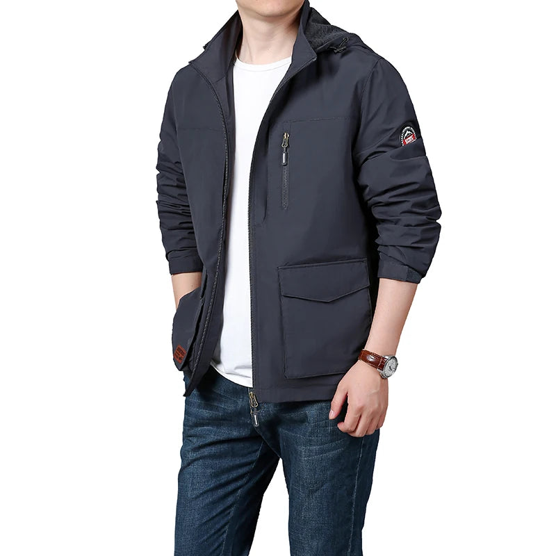 Men's hooded jacket - Outdoor hiking windproof casual jacket - New hooded detachable breathable multi pocket workwear jacket