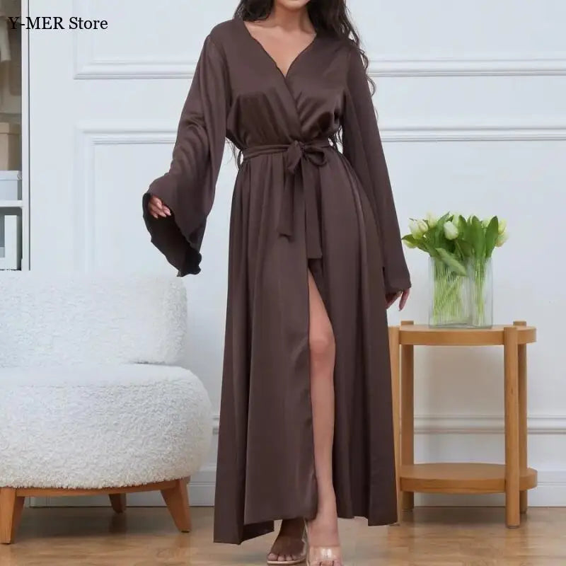 Women's Dress New Spring Summer Satin Loose Robe Sexy High Waisted Split Party Dresses Casual Multi-Color Lace Up Dress Vestidos