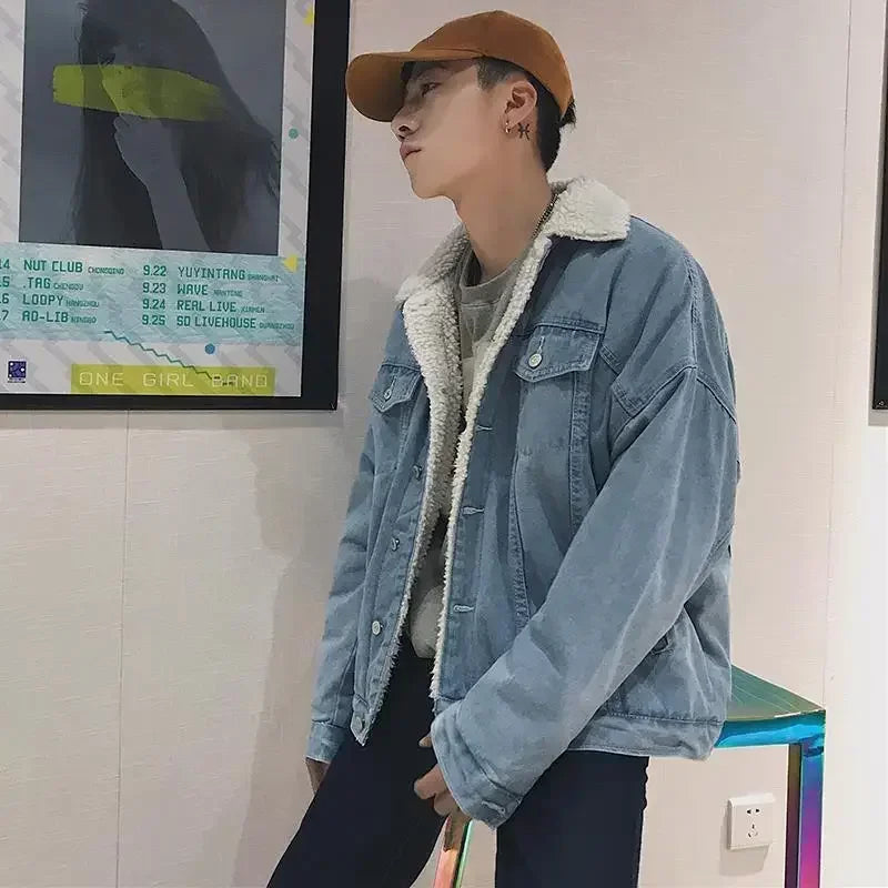 Denim Jackets Man Padding Jeans Coat for Men Slim Fit Warm with Sheep Padded Wool Black Cowboy High Quality Trendy Original G