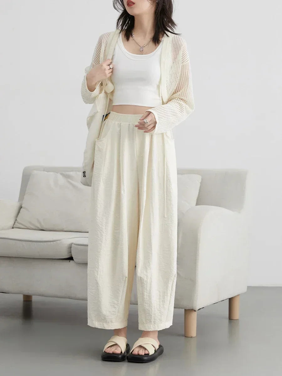 CHIC VEN Women White Pants Solid Casual Elastic Waist High Waisted Pleated Wide Leg Female Trousers  Fold Summer 2025 Clothing