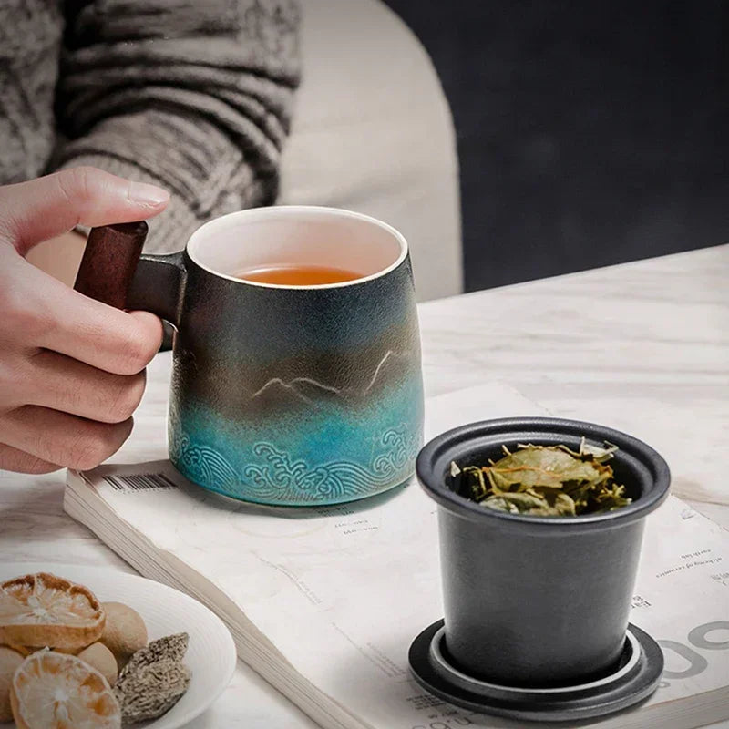 Creative Tea Cups and Mugs Ceramic Mug Thermal Coffee Cup Vintage Beer Water Cup Infuser Lid Wooden Handle Personalized Gifts