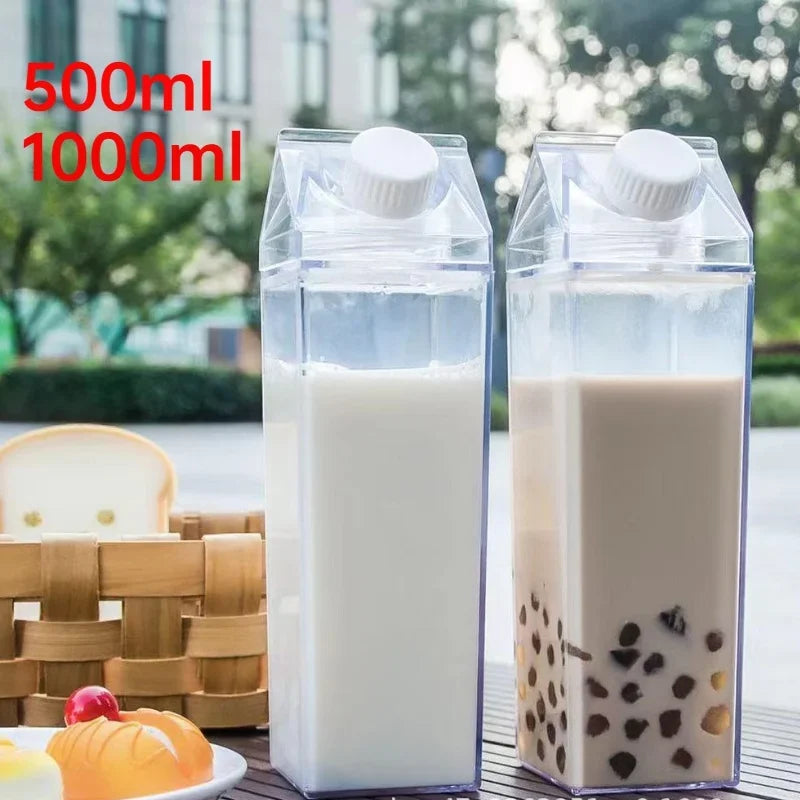 500/1000ml Milk Carton Water Bottle Creative Milk Bottle Drinking Cup Plastic Portable Clear Box Milk Storage Juice Tea Bottle