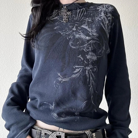 Y2K Grunge Cyber Mall Goth Thermal T-shirt Skulls Graphic Print Long Sleeve Pullovers Tops Women 90s Vintage Aesthetic Tees