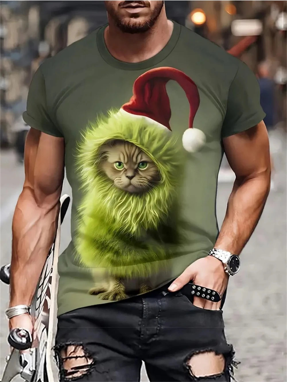 T-Shirts for Men Funny Cat Print Summer Casual O-Neck Short Sleeve Tee Tops Fashion Breathable Pullover Street Men's Clothing