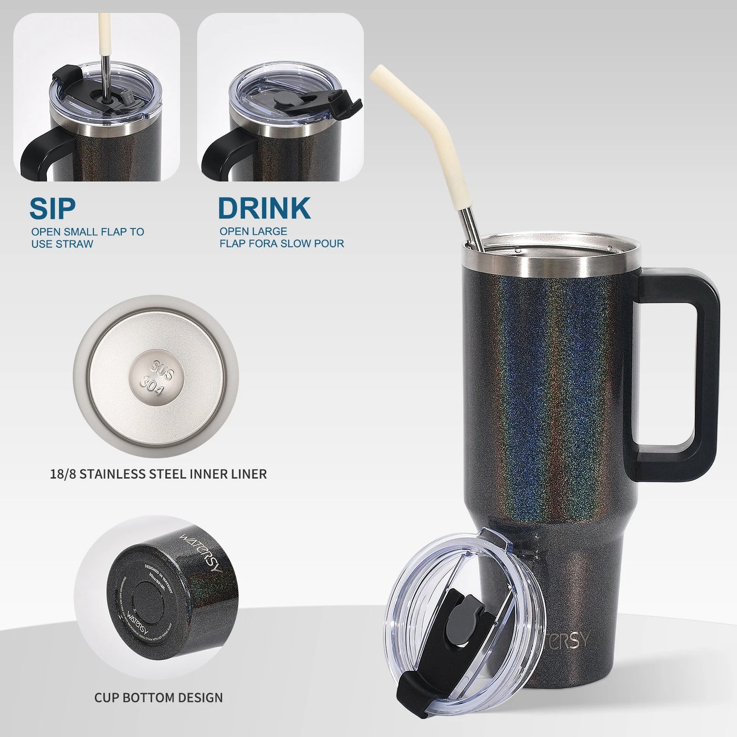 WATERSY 30/40oz Tumbler Large Capacity Thermal Cup Stainless Steel Insulated Mug with Handle & Straw Double Wall Vacuum Flask