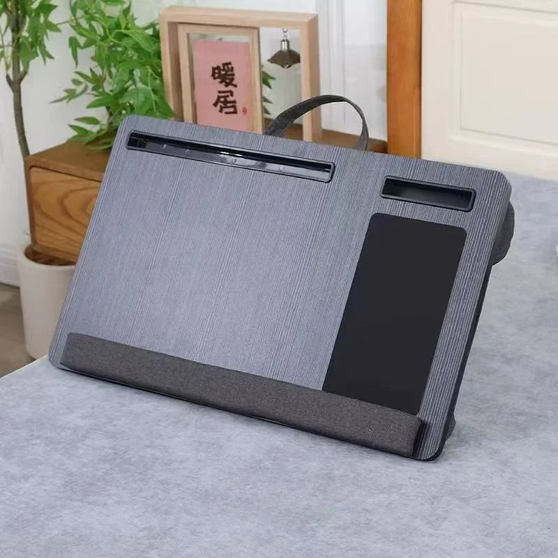 Laptop table with mouse pad, slots for tablet and phone, portable handle, suitable for outdoor and in - car use as a desk
