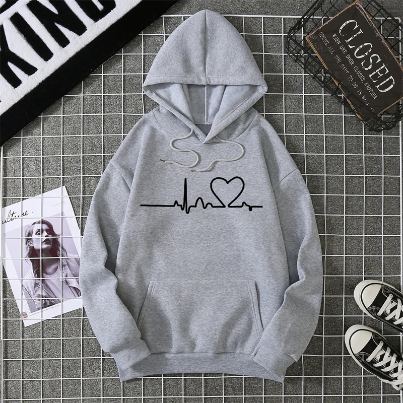 Women Hoodies Autumn Winter Heartbeat Print Men Simple Casual Hoodie Couple Sweatshirts Ladies Hooded Tops Streetwear Clothes