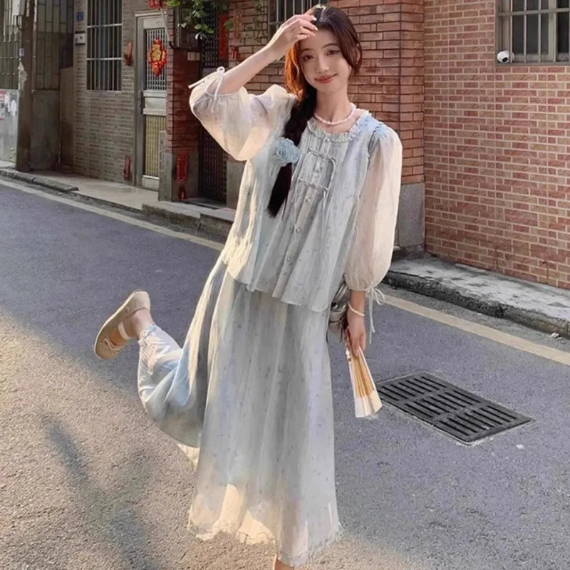 Women's 2 Piece Set Sheer Blouse and Long Skirt Fairycore Chiffon Co-ords
