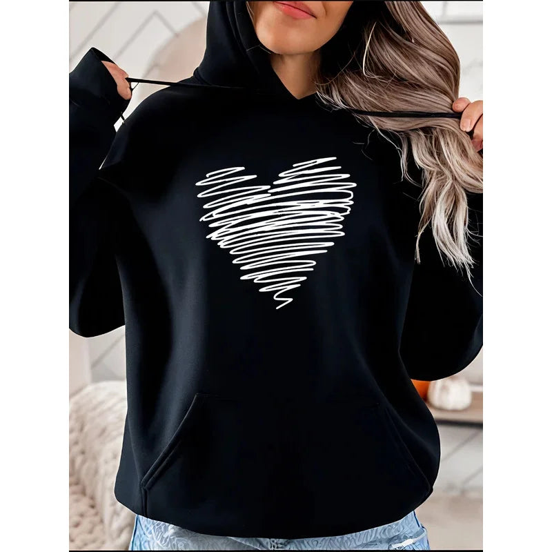 Women's Black Hoodie with White Heart Print Casual Sweatshirt for Daily Wear and Fashion Style