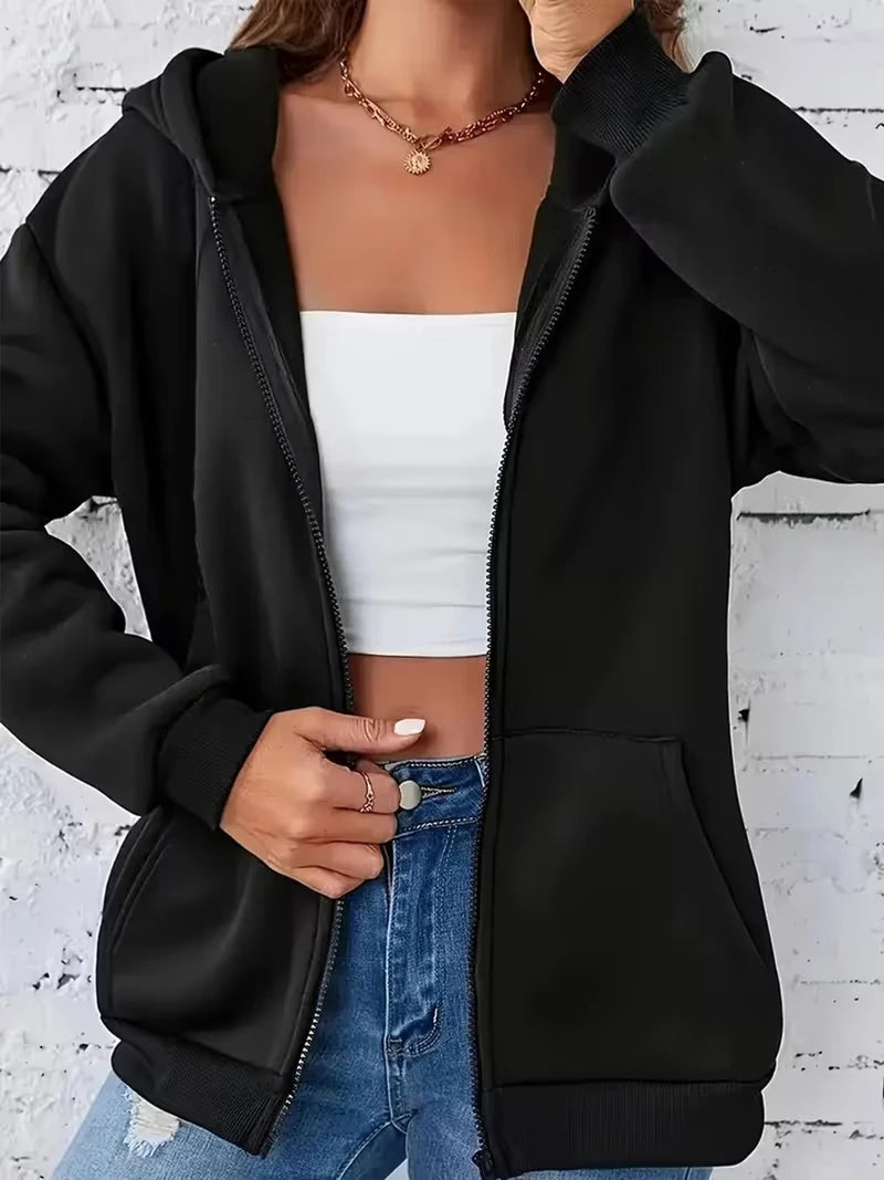 European and American Style Hoodies Women Simple Zip-Up Sweatshirt Sporty Casual Style Minimalist Suitable for Autumn and Winter