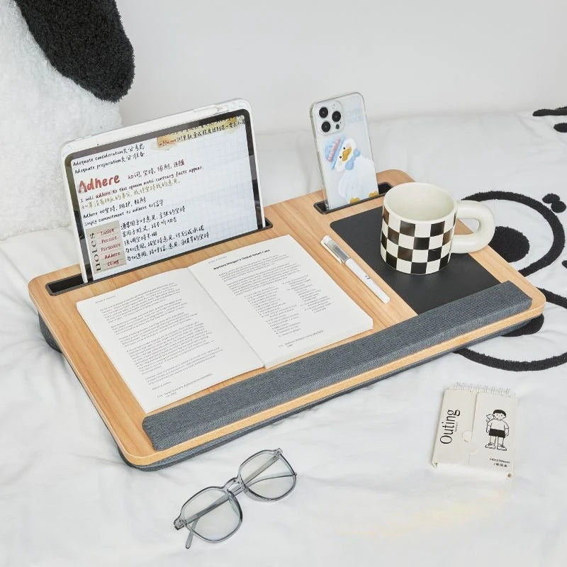 Laptop table with mouse pad, slots for tablet and phone, portable handle, suitable for outdoor and in - car use as a desk