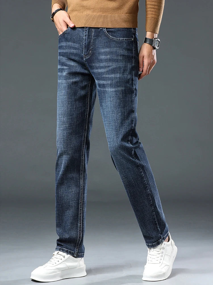 Jeans Pants Man Casual Long Straight Denim Pants Four Seasons Classic Originals Jeans Korean Solid Blue Grey Black Trousers