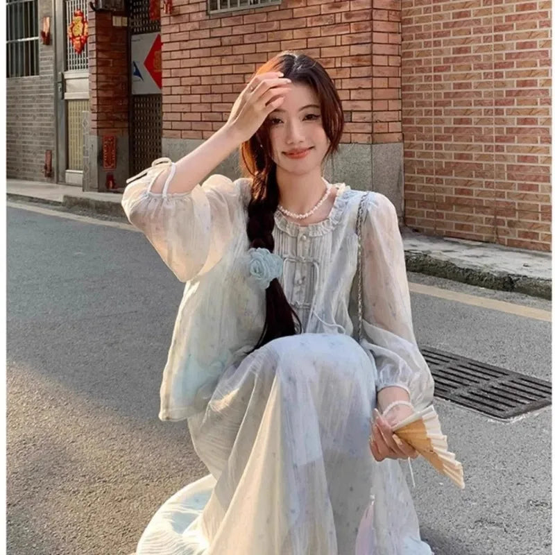 Women's 2 Piece Set Sheer Blouse and Long Skirt Fairycore Chiffon Co-ords