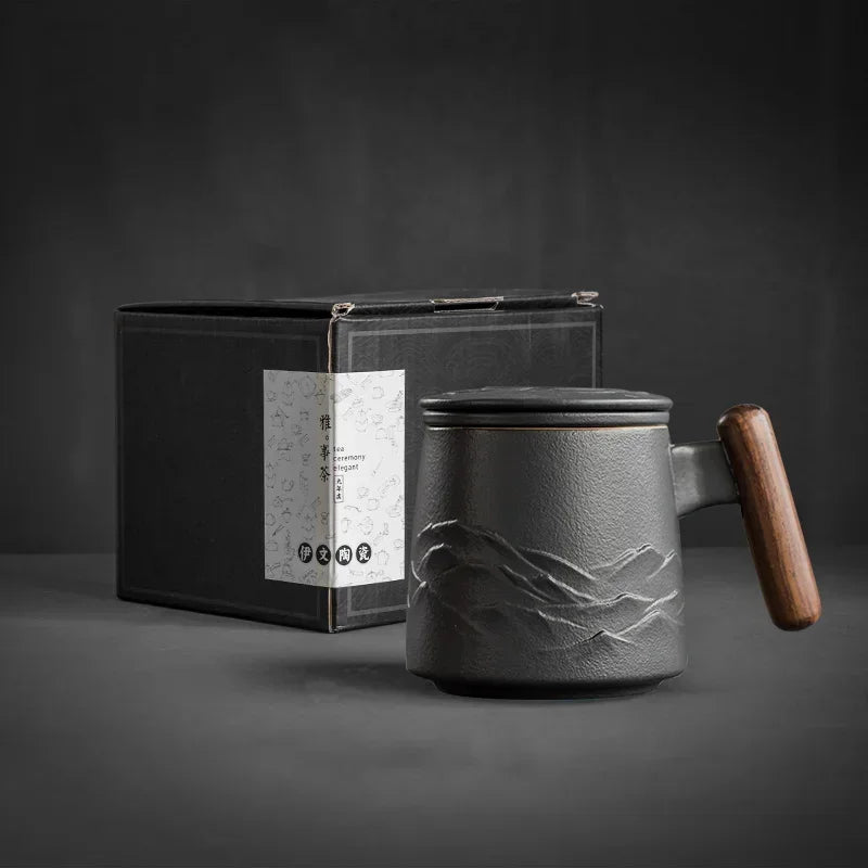 Creative Tea Cups and Mugs Ceramic Mug Thermal Coffee Cup Vintage Beer Water Cup Infuser Lid Wooden Handle Personalized Gifts