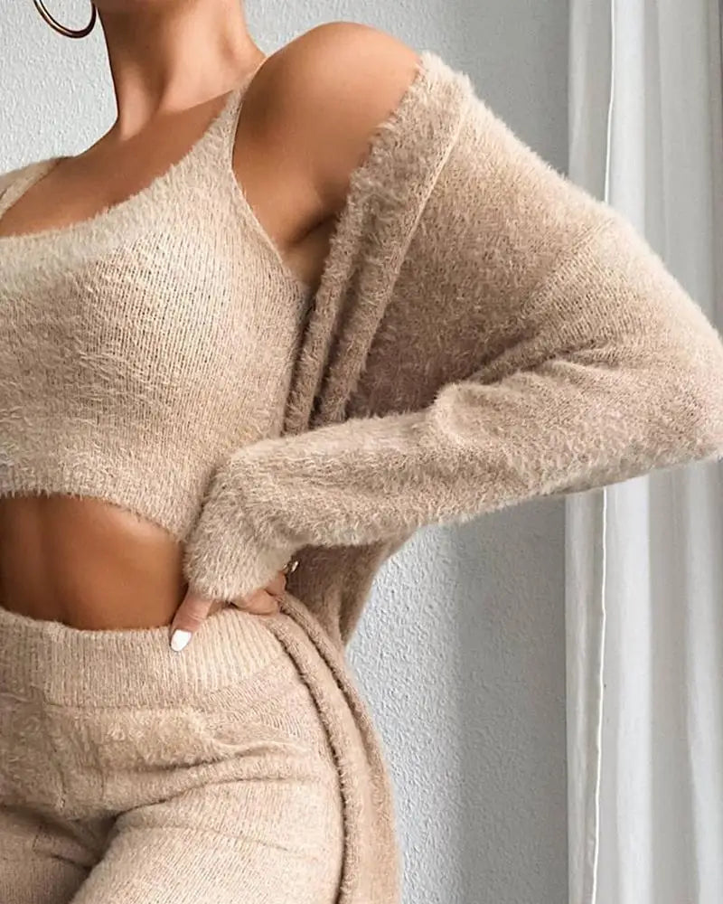 Women's Cozy Fuzzy Knit 3-Piece Loungewear Set Crop Cami and Long Cardigan and High-Waist Pants Multi-Color Options
