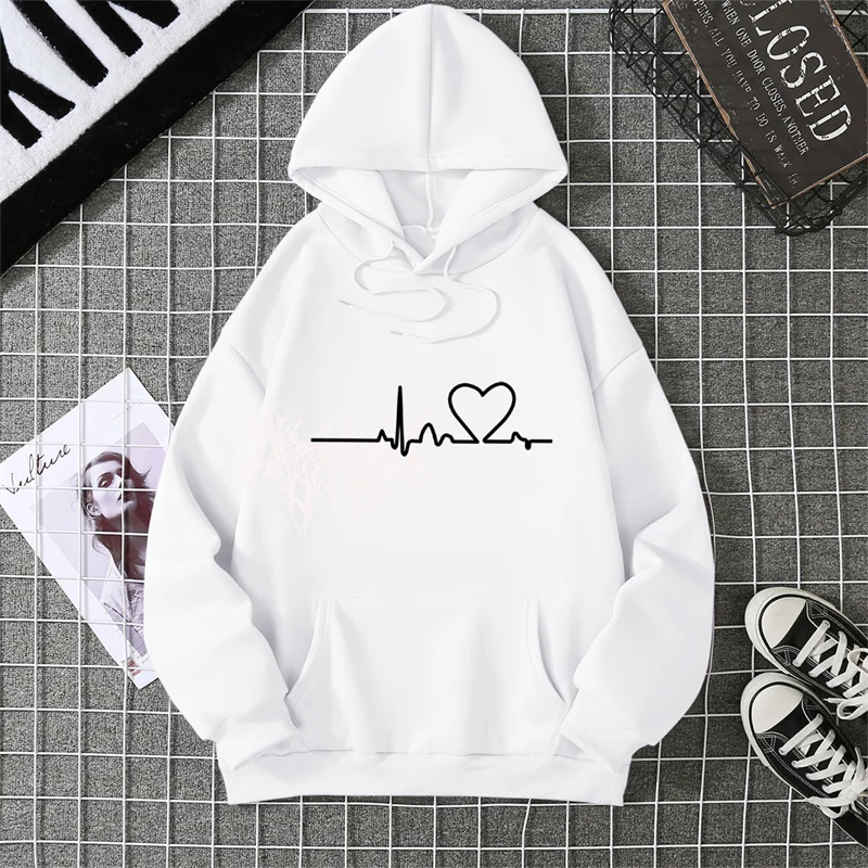 Women Hoodies Autumn Winter Heartbeat Print Men Simple Casual Hoodie Couple Sweatshirts Ladies Hooded Tops Streetwear Clothes