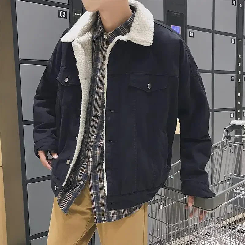 Denim Jackets Man Padding Jeans Coat for Men Slim Fit Warm with Sheep Padded Wool Black Cowboy High Quality Trendy Original G