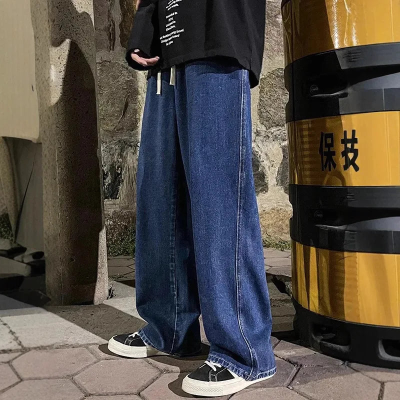 2024 New Streetwear Loose Jeans Men Korean Style Fashion Loose Straight Wide Leg Pants Men's Brand Clothing Black Light Blue