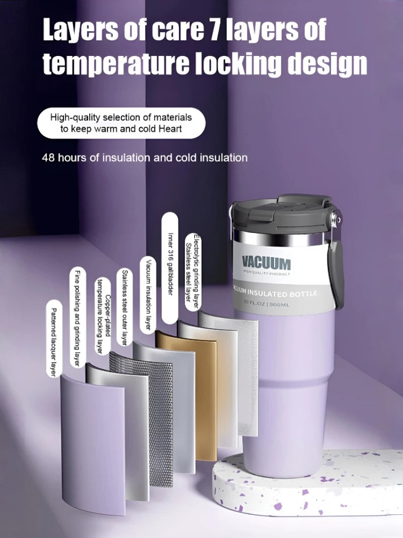 Car Thermal Mug Large Capacity 900/1200ml Stainless Steel Vacuum Thermos Cup Handheld Sport Water Bottle Hot and Cold Drinks